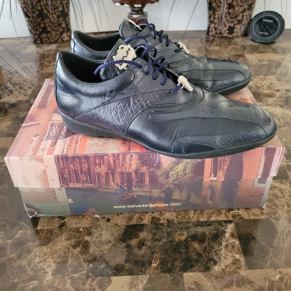 Men's Like New Navy Belvedere Bene Leather & Ostrich Trimmed Dress Sneaker Sz 9